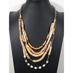 Ann Taylor LOFT Boho Beaded Stacked Heishi Layered Bib Statement Necklace 21"